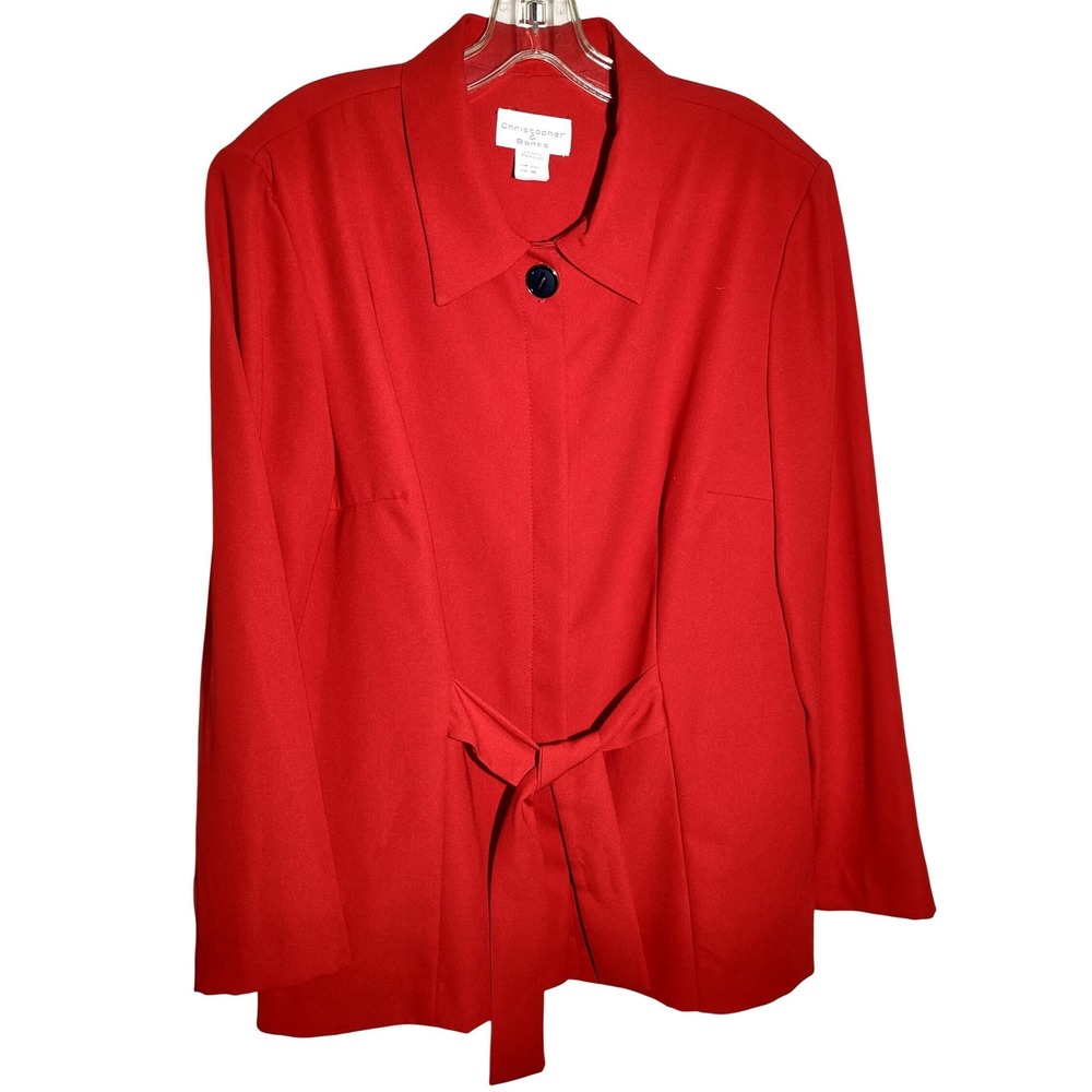 Christopher & Banks Red Blazer Jacket Women's Size 16 Belted Collar Button Front